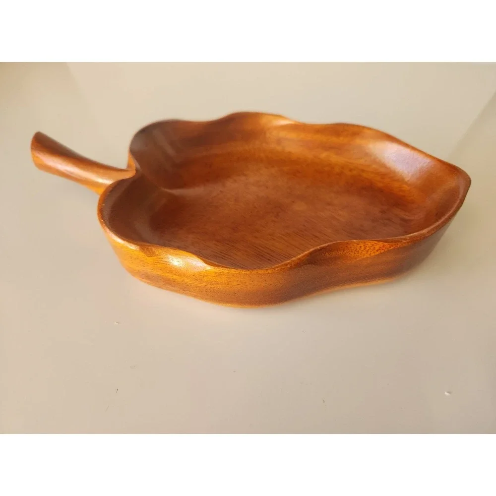 Vintage Monkey Pod Signed Wood Made In Hawaii Leaf Shaped Nut/Candy Bowl Retro‎